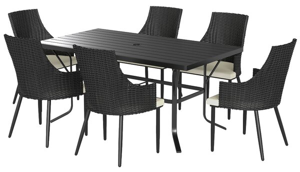 Outsunny 6 Seater Rattan Dining Set with Cushions, Garden Furniture Set with Armchairs, Rectangle Slatted Table Top, Steel Frame, Parasol Hole, Wicker Outdoor Furniture for Patio, Balcony, Cream White