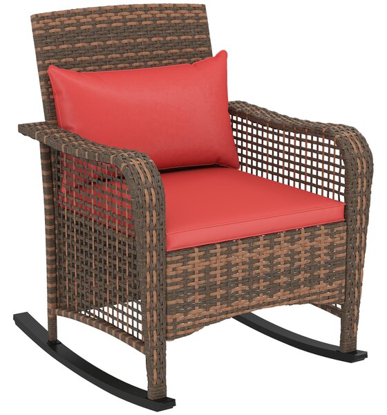 Outsunny Garden Rocking Chair, Outdoor Rattan Rocker Lounge Chair with Seat and Back Cushions, Patio Armchair Seat with All-weather Wicker, Steel Frame for Porch Balcony, Red
