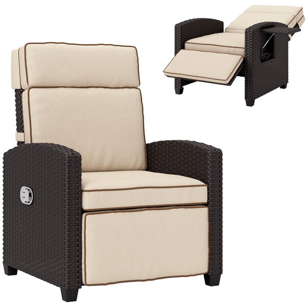 Outsunny Rattan Garden Recliner Chair, Adjustable Backrest Reclining Rattan Chair with Flip Table, Cushion and Footrest, Indoor Outdoor Lounge Reclining Sun Lounger for Patio, Dark Brown/Khaki