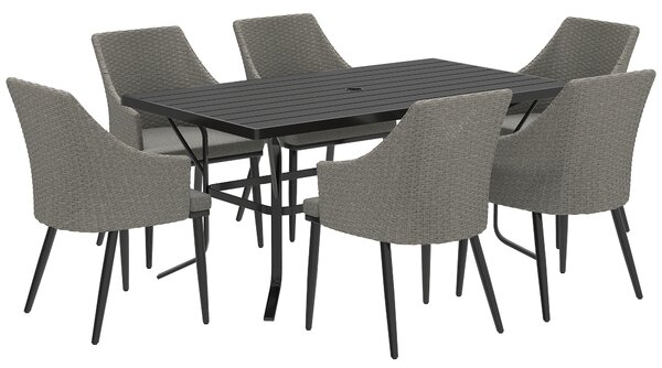 Outsunny 6 Seater Rattan Dining Set with Cushions, Garden Furniture Set with Armchairs, Rectangle Slatted Table Top, Steel Frame, Parasol Hole, Wicker Outdoor Furniture for Patio, Balcony, Grey