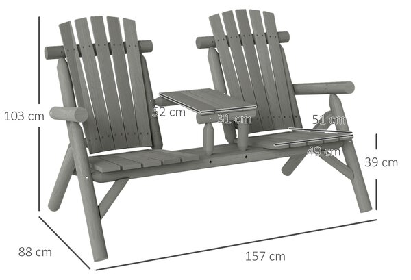 Outsunny Wood Patio Chair Bench 2 Seats w/ Centre Coffee Table, Garden Bench, Grey