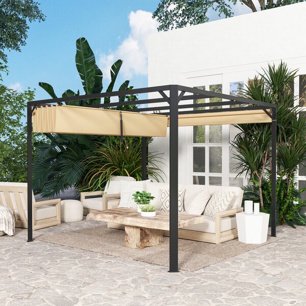 Outsunny 3x3m Aluminium Garden Pergola with Retractable Roof & Side Wall Panel, Rust-Resistant Outdoor Patio Canopy, Khaki Aosom UK