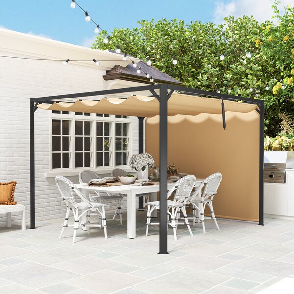 Outsunny 3x3m Aluminium Garden Pergola with Retractable Roof & Side Wall Panel, Rust-Resistant Outdoor Patio Canopy, Khaki Aosom UK