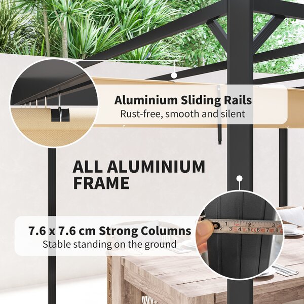 Outsunny 3x3m Aluminium Garden Pergola with Retractable Roof & Side Wall Panel, Rust-Resistant Outdoor Patio Canopy, Khaki Aosom UK