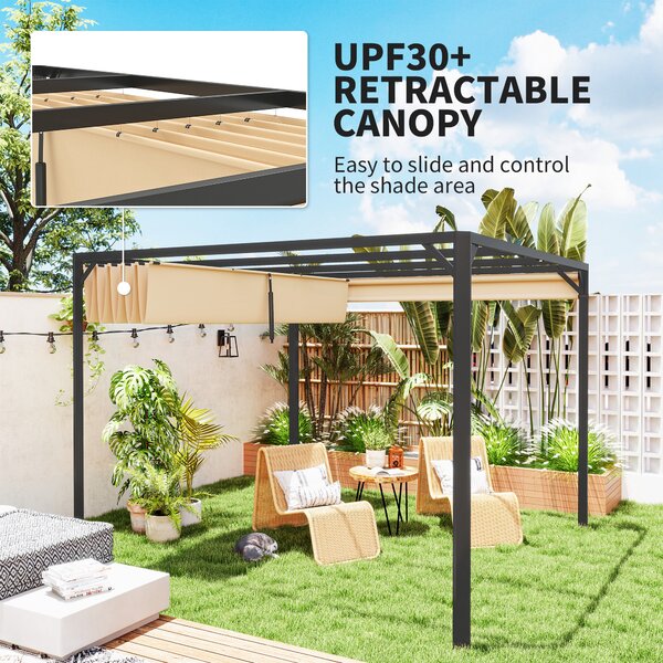 Outsunny 3x3m Aluminium Garden Pergola with Retractable Roof & Side Wall Panel, Rust-Resistant Outdoor Patio Canopy, Khaki Aosom UK