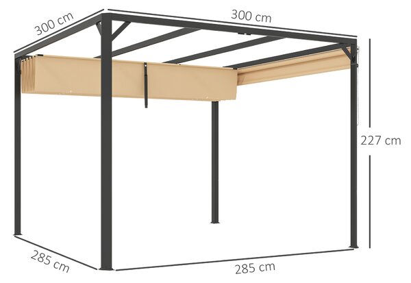 Outsunny 3x3m Aluminium Garden Pergola with Retractable Roof & Side Wall Panel, Rust-Resistant Outdoor Patio Canopy, Khaki Aosom UK