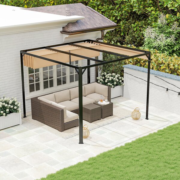 Outsunny 3x3m Aluminium Garden Pergola with Retractable Roof & Side Wall Panel, Rust-Resistant Outdoor Patio Canopy, Khaki Aosom UK