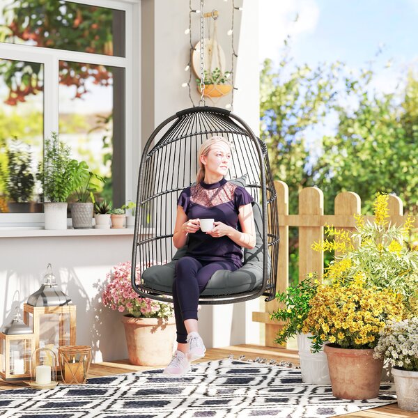 Outsunny Hanging Egg Chair Outdoor Indoor Rattan Swing Chair with Installation Kit, Foldable Garden Hanging Seat with Thickened Cushion, Headrest, Dark Grey