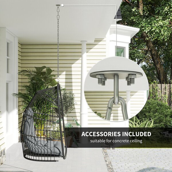 Outsunny Hanging Egg Chair Outdoor Indoor Rattan Swing Chair with Installation Kit, Foldable Garden Hanging Seat with Thickened Cushion, Headrest, Dark Grey