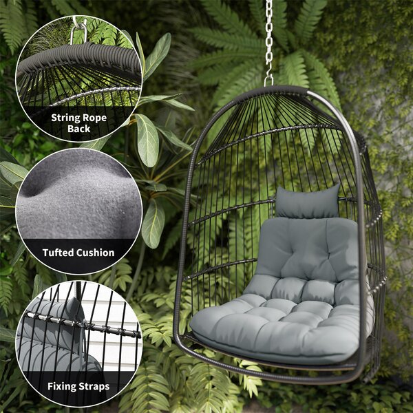Outsunny Hanging Egg Chair Outdoor Indoor Rattan Swing Chair with Installation Kit, Foldable Garden Hanging Seat with Thickened Cushion, Headrest, Dark Grey
