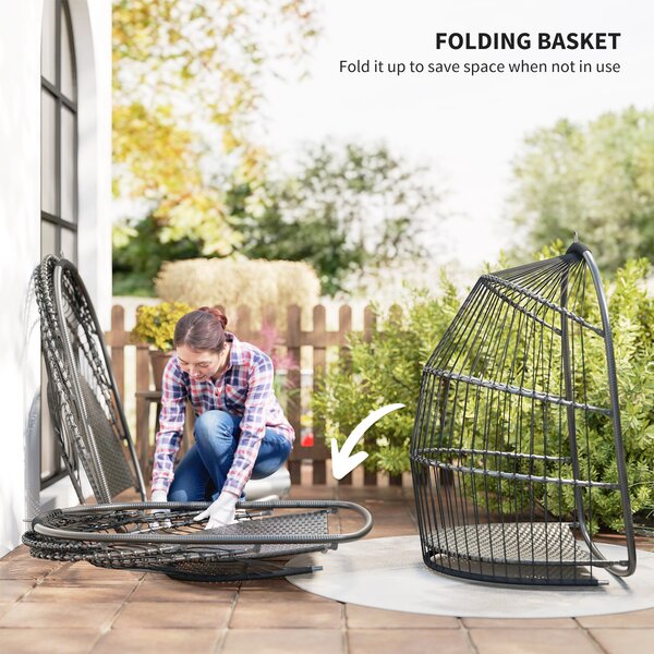 Outsunny Hanging Egg Chair Outdoor Indoor Rattan Swing Chair with Installation Kit, Foldable Garden Hanging Seat with Thickened Cushion, Headrest, Dark Grey
