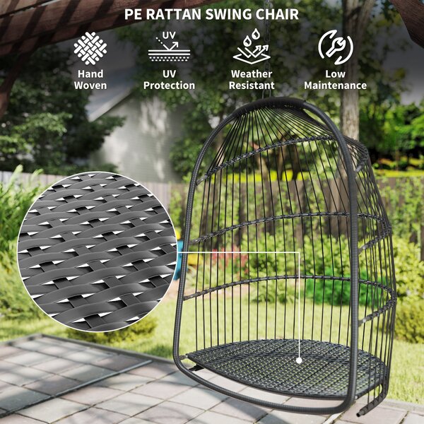 Outsunny Hanging Egg Chair Outdoor Indoor Rattan Swing Chair with Installation Kit, Foldable Garden Hanging Seat with Thickened Cushion, Headrest, Dark Grey