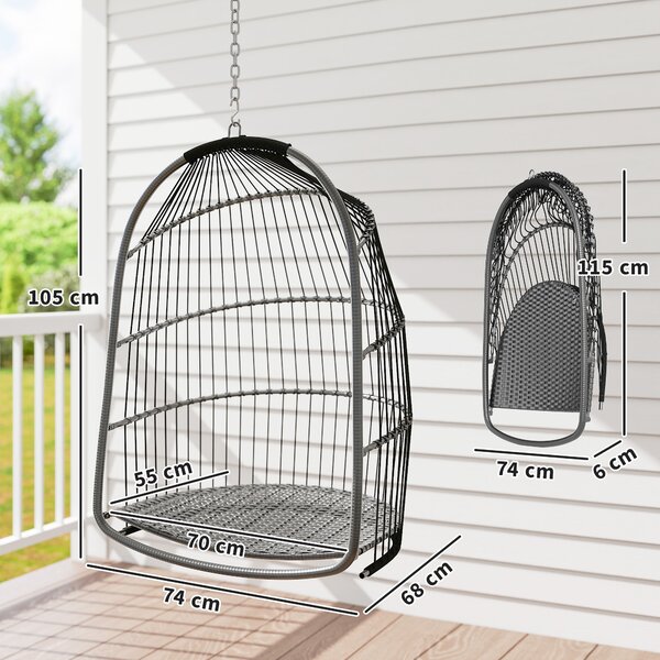 Outsunny Hanging Egg Chair Outdoor Indoor Rattan Swing Chair with Installation Kit, Foldable Garden Hanging Seat with Thickened Cushion, Headrest, Dark Grey
