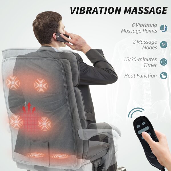 HOMCOM Executive Office Chair with 8-point Massage and Heat, Fabric Computer Desk Chair with Reclining Backrest, High Back, for Home, Grey Aosom UK