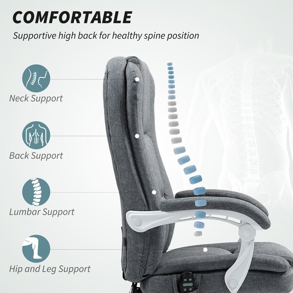 HOMCOM Executive Office Chair with 8-point Massage and Heat, Fabric Computer Desk Chair with Reclining Backrest, High Back, for Home, Grey Aosom UK