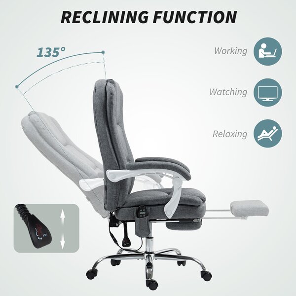 HOMCOM Executive Office Chair with 8-point Massage and Heat, Fabric Computer Desk Chair with Reclining Backrest, High Back, for Home, Grey Aosom UK