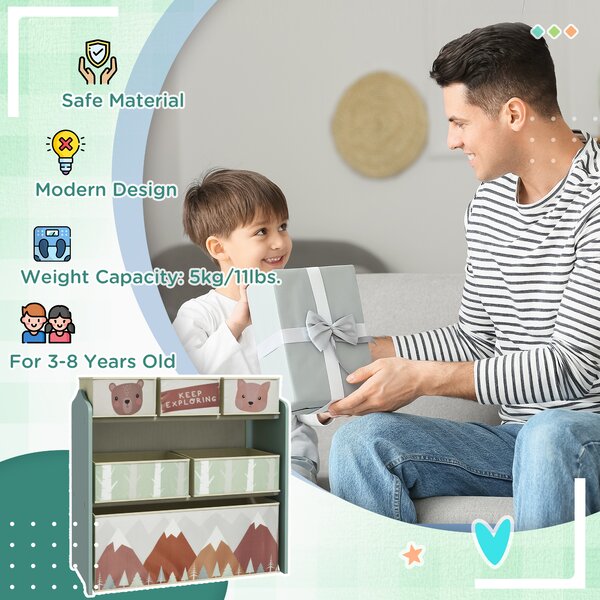 ZONEKIZ Children's Toy Storage Unit with 6 Fabric Bins, Organiser for Bedroom, Nursery, Green Aosom UK