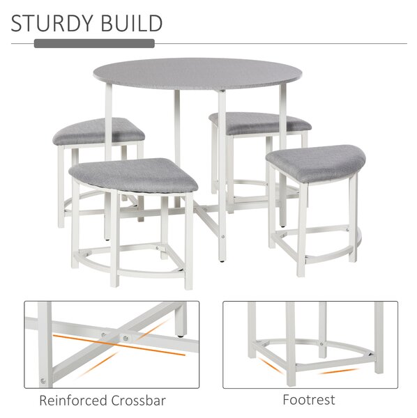 HOMCOM Modern Round Dining Table Set with 4 Upholstered Stools for Dining Room, Kitchen, Dinette Aosom UK