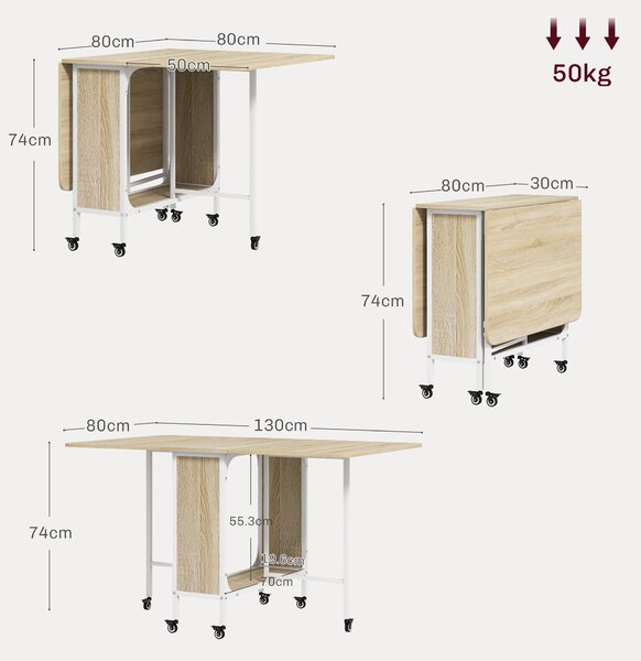 HOMCOM Folding Kitchen Table w/ 6 Wheels and Storage Shelf, Mobile Drop Leaf Dining Table for Small Spaces, Folding Wood Tables, Natural Aosom UK