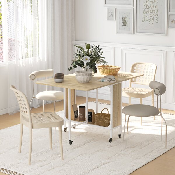 HOMCOM Folding Kitchen Table w/ 6 Wheels and Storage Shelf, Mobile Drop Leaf Dining Table for Small Spaces, Folding Wood Tables, Natural Aosom UK