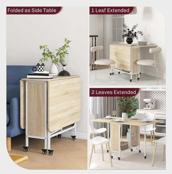 HOMCOM Folding Kitchen Table w/ 6 Wheels and Storage Shelf, Mobile Drop Leaf Dining Table for Small Spaces, Folding Wood Tables, Natural Aosom UK