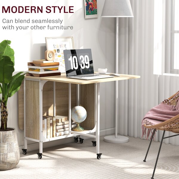 HOMCOM Folding Kitchen Table w/ 6 Wheels and Storage Shelf, Mobile Drop Leaf Dining Table for Small Spaces, Folding Wood Tables, Natural Aosom UK