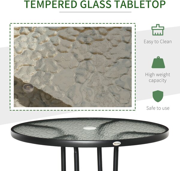 Outsunny Round Garden Dining Table, Outdoor Coffee Table, Tempered Glass Top Steel Garden Table w/ Parasol Hole, Black Aosom UK