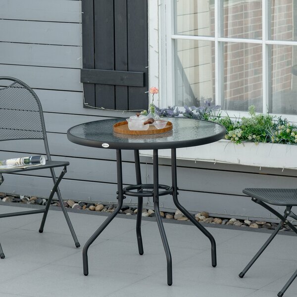 Outsunny Round Garden Dining Table, Outdoor Coffee Table, Tempered Glass Top Steel Garden Table w/ Parasol Hole, Black Aosom UK