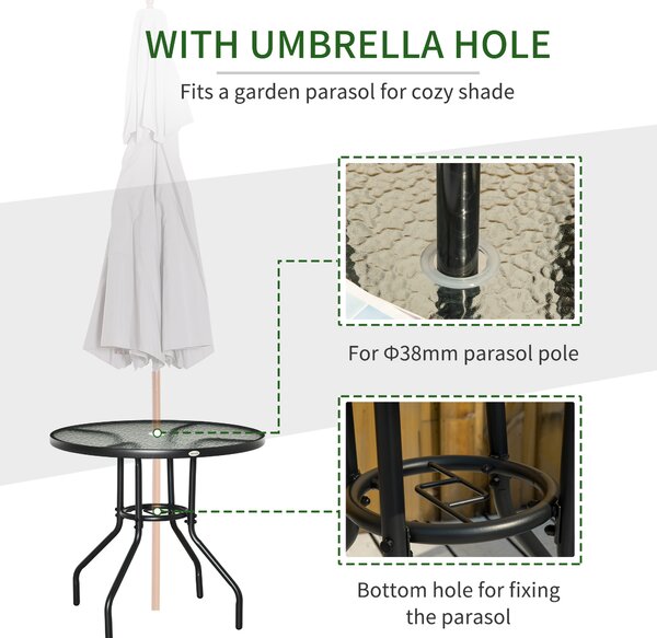 Outsunny Round Garden Dining Table, Outdoor Coffee Table, Tempered Glass Top Steel Garden Table w/ Parasol Hole, Black Aosom UK