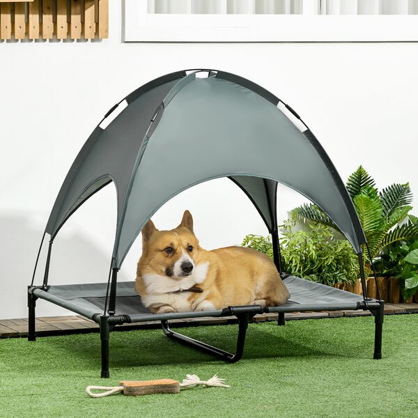 PawHut Elevated Dog Bed, Waterproof Pet Cot with Breathable Mesh & UV Protection Canopy, Grey, for Small & Medium Dogs, 92x76x90cm Aosom UK