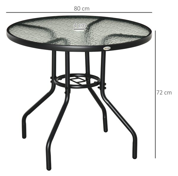 Outsunny Round Garden Dining Table, Outdoor Coffee Table, Tempered Glass Top Steel Garden Table w/ Parasol Hole, Black Aosom UK