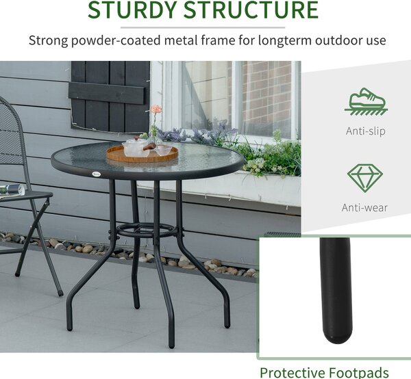 Outsunny Round Garden Dining Table, Outdoor Coffee Table, Tempered Glass Top Steel Garden Table w/ Parasol Hole, Black Aosom UK
