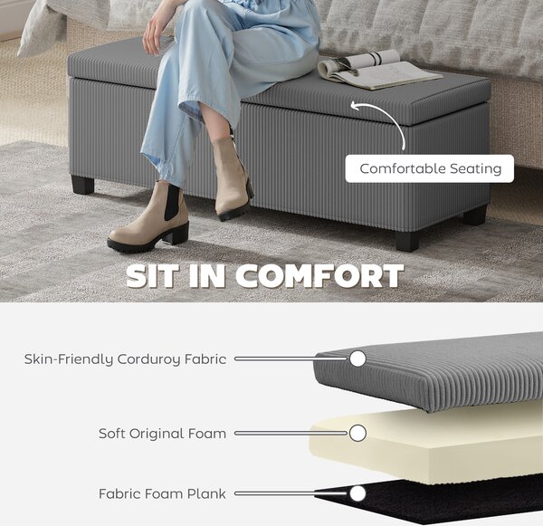 HOMCOM Storage Ottoman Bench, Corduroy Footstool with Removable Lid and Legs, 112cm Storage Chest Box for Living Room, Bedroom, Hallway, Grey