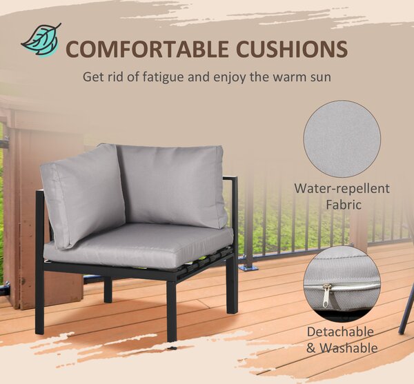 Outsunny 4 Piece Garden Furniture Set Metal Sofa Set w/ Tempered Glass Coffee Table, Conversational Corner Sofa Loveseat w/Padded Cushions Light Grey