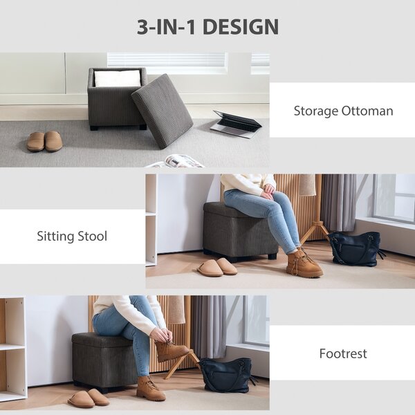 HOMCOM Storage Ottoman Bench, Corduroy Footstool with Removable Lid and Legs, 40cm Storage Chest Box for Living Room, Bedroom, Hallway, Grey