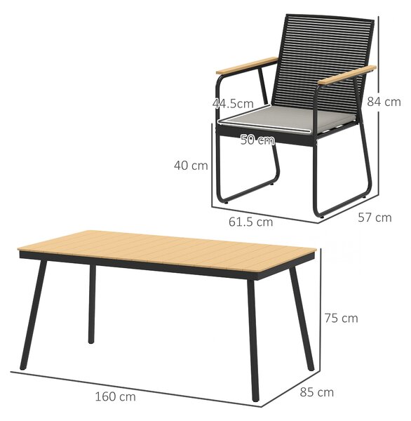 Outsunny 6 Seater Garden Dining Set with Soft Cushions, Rattan Backrest, Rectangular Plastic Top, Garden Furniture Set, Outdoor Dining Table and Chairs for Patio, Balcony, Poolside, Nature Wood Finish