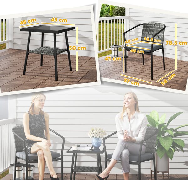 Outsunny 3 Pieces Rattan Bistro Set with Cushions, Wicker Garden Furniture Set, Glass Top Coffee Table and Chairs for Outdoor Patio, Balcony, Terrace and Conservatory, Grey
