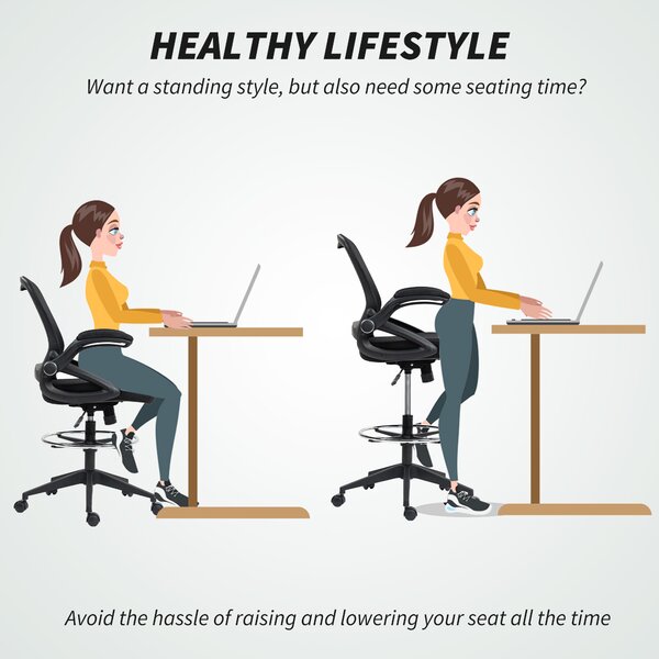 Vinsetto Drafting Chair with Flip-up Armrest, Mesh Office Stool with Foot Ring, 360° Swivel Height Adjustable Chair for Standing Desk, Black