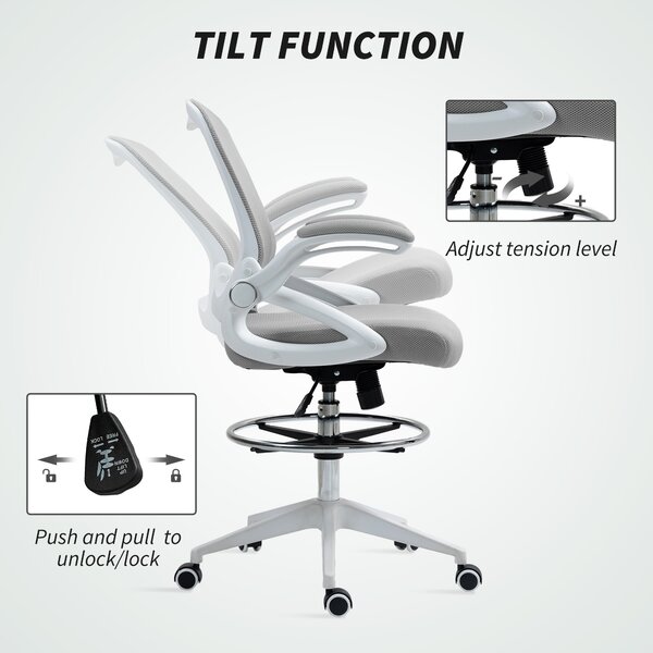 Vinsetto Drafting Chair with Flip-up Armrest, Mesh Office Stool with Foot Ring, 360° Swivel Height Adjustable Chair for Standing Desk, Light Grey