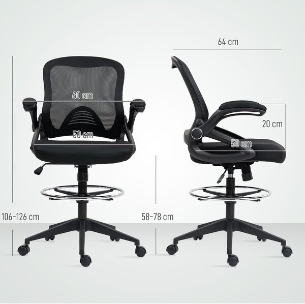 Vinsetto Drafting Chair with Flip-up Armrest, Mesh Office Stool with Foot Ring, 360° Swivel Height Adjustable Chair for Standing Desk, Black