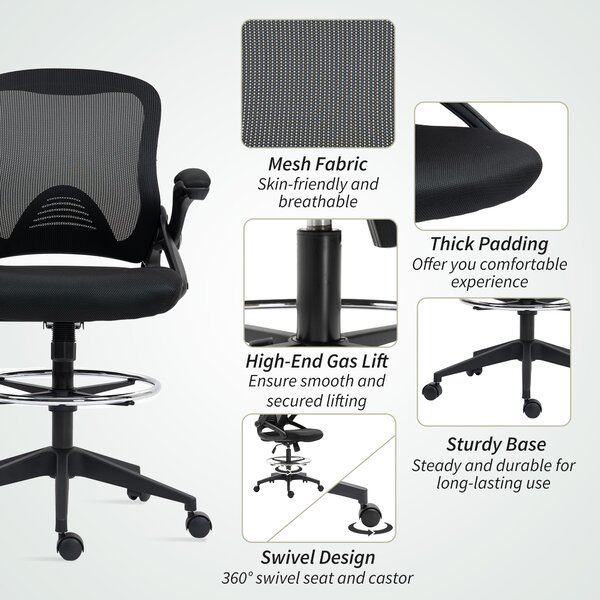 Vinsetto Drafting Chair with Flip-up Armrest, Mesh Office Stool with Foot Ring, 360° Swivel Height Adjustable Chair for Standing Desk, Black