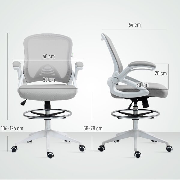 Vinsetto Drafting Chair with Flip-up Armrest, Mesh Office Stool with Foot Ring, 360° Swivel Height Adjustable Chair for Standing Desk, Light Grey