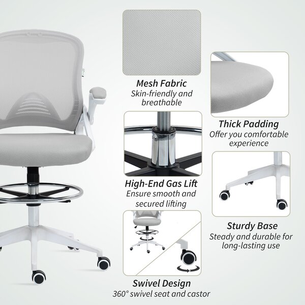 Vinsetto Drafting Chair with Flip-up Armrest, Mesh Office Stool with Foot Ring, 360° Swivel Height Adjustable Chair for Standing Desk, Light Grey