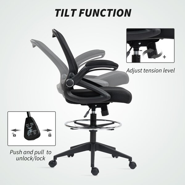 Vinsetto Drafting Chair with Flip-up Armrest, Mesh Office Stool with Foot Ring, 360° Swivel Height Adjustable Chair for Standing Desk, Black