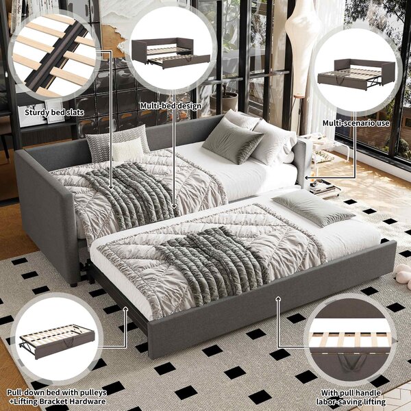 Single Day Bed with Pull-Out Bottom Bed, Converts to Double Floor Bed, Space-Saving Grey Sofa Bed for Apartments, 203L x 191W x 73H cm, Gray Aosom.UK