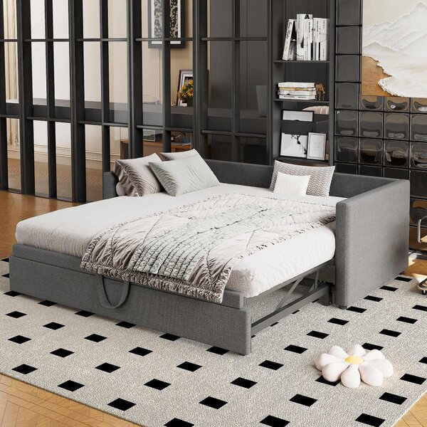 Single Day Bed with Pull-Out Bottom Bed, Converts to Double Floor Bed, Space-Saving Grey Sofa Bed for Apartments, 203L x 191W x 73H cm, Gray Aosom.UK