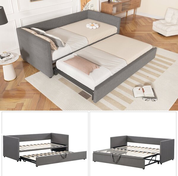 Single Day Bed with Pull-Out Bottom Bed, Converts to Double Floor Bed, Space-Saving Grey Sofa Bed for Apartments, 203L x 191W x 73H cm, Gray Aosom.UK