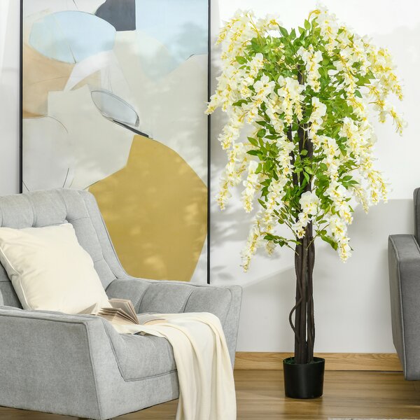HOMCOM Artificial Realistic White Wisteria Tree Faux Decorative Plant in Nursery Pot for Indoor Outdoor Décor, 160cm Aosom UK