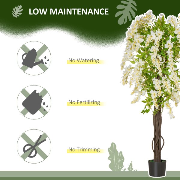 HOMCOM Artificial Realistic White Wisteria Tree Faux Decorative Plant in Nursery Pot for Indoor Outdoor Décor, 160cm Aosom UK