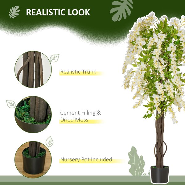 HOMCOM Artificial Realistic White Wisteria Tree Faux Decorative Plant in Nursery Pot for Indoor Outdoor Décor, 160cm Aosom UK